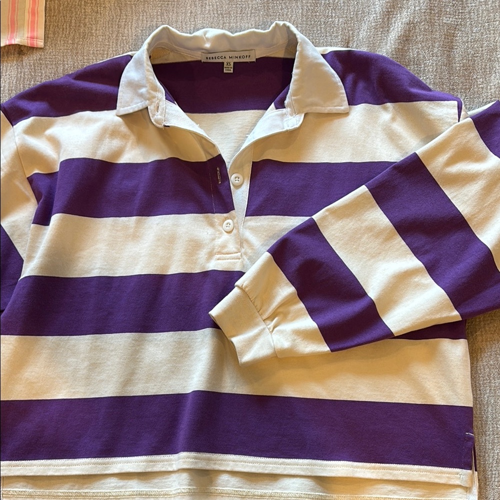 XS REBECCA MINKOFF White and Purple Striped Rugby Shirt